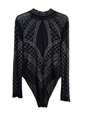 NWOT | Geometric Crystal Rhinestone Sheer Mesh Long Sleeve Bodysuit Black | 2XL